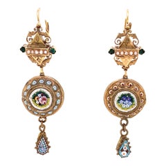 Antique Micro Mosaic and Seed Pearl Gold Dangle Earrings Estate Fine Jewelry