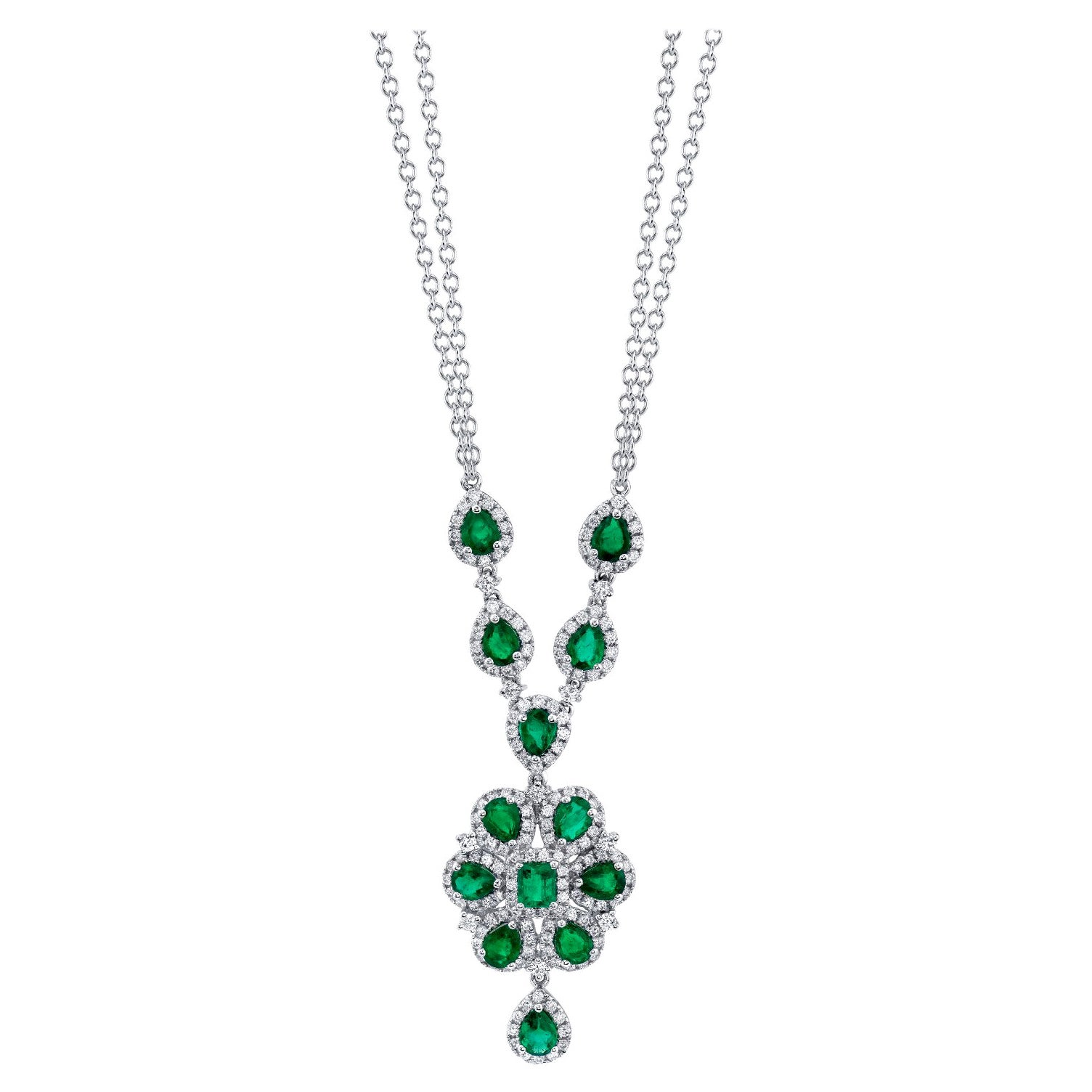2.31 Carat Total Emerald Pear Diamond White Gold Drop Pendant Chain Necklace 