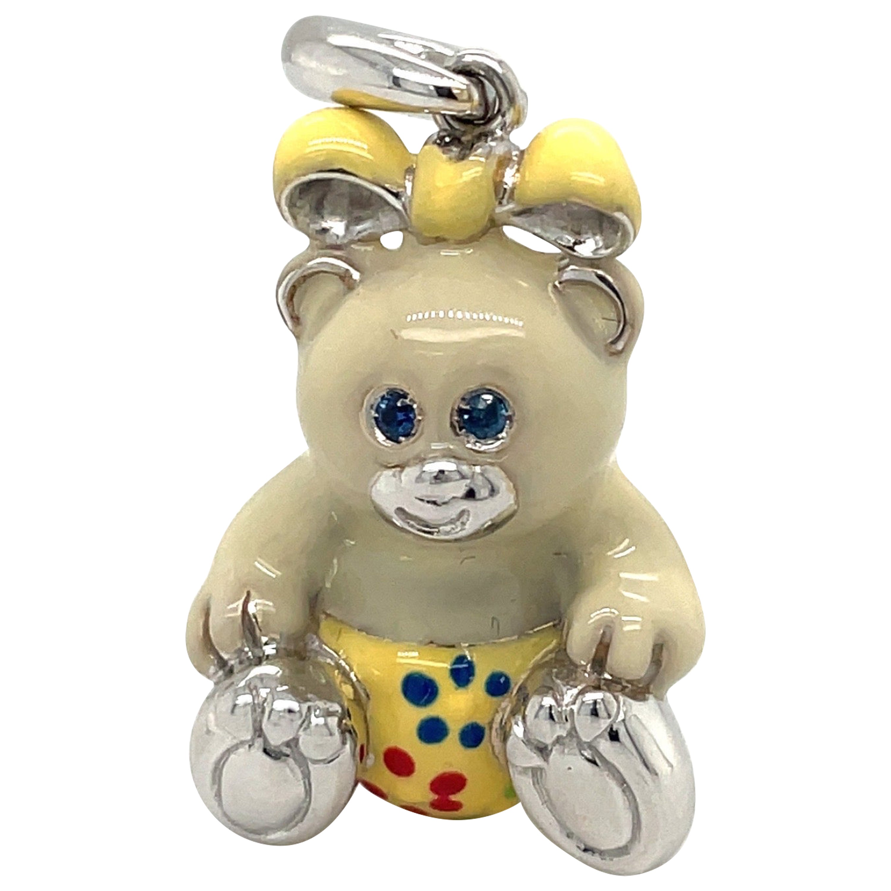 Cellini Exclusive 18KT WG Enamel Girl Teddy Bear Charm For Sale