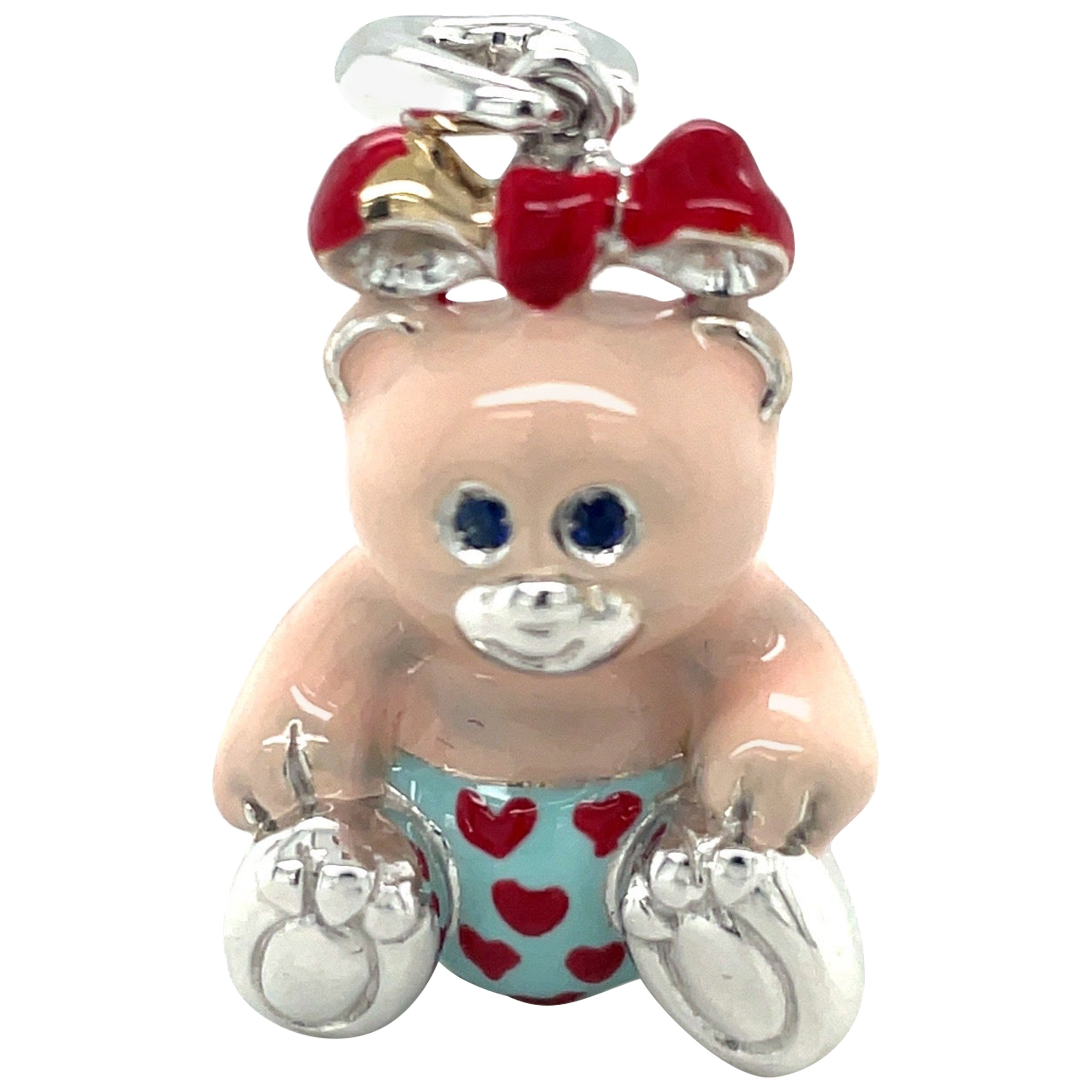 Cellini Exclusive 18KT White Gold Enamel Girl Teddy Bear Charm For Sale