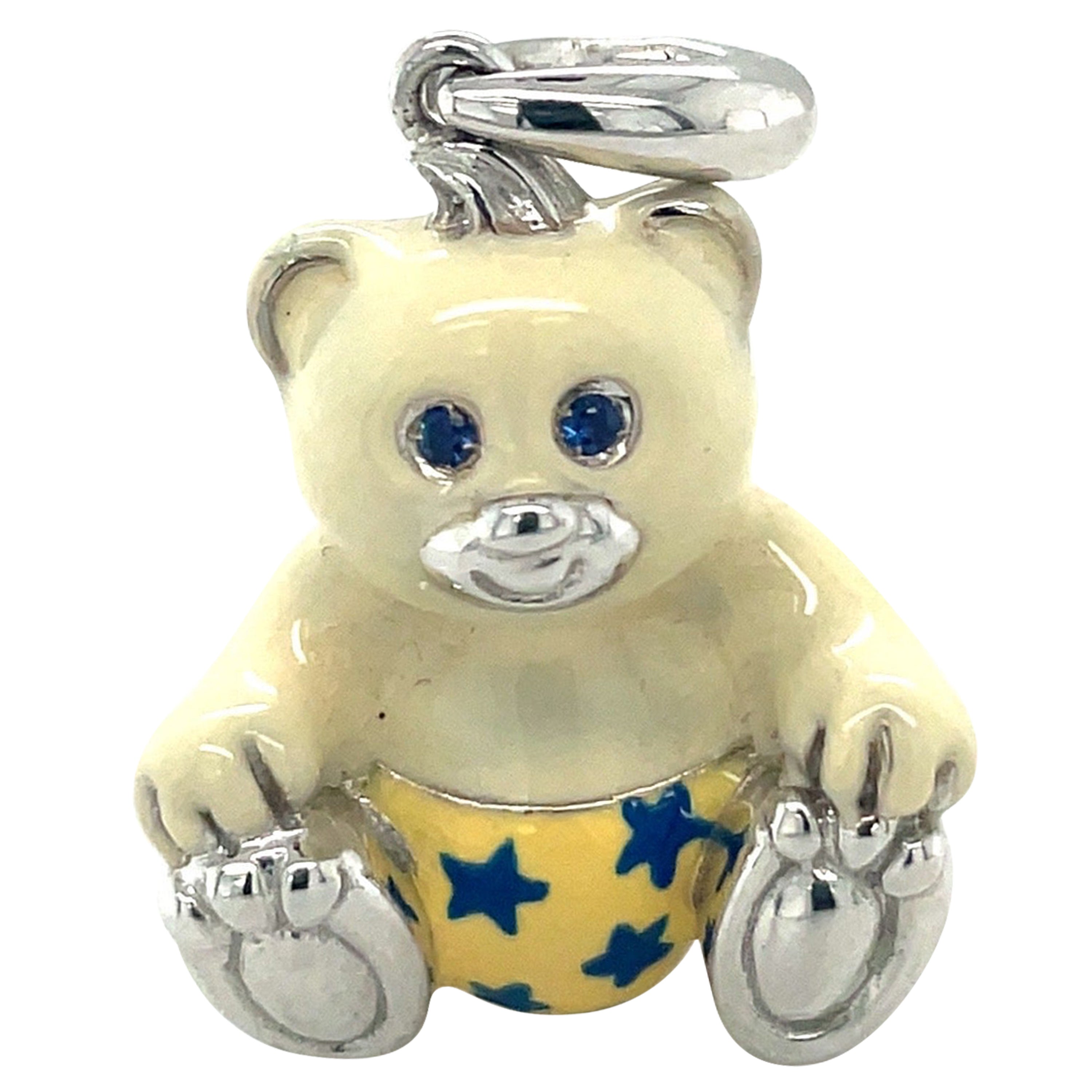 Cellini Exclusive - Breloque ours Boy Teddy Bear en or blanc 18 carats et émail en vente