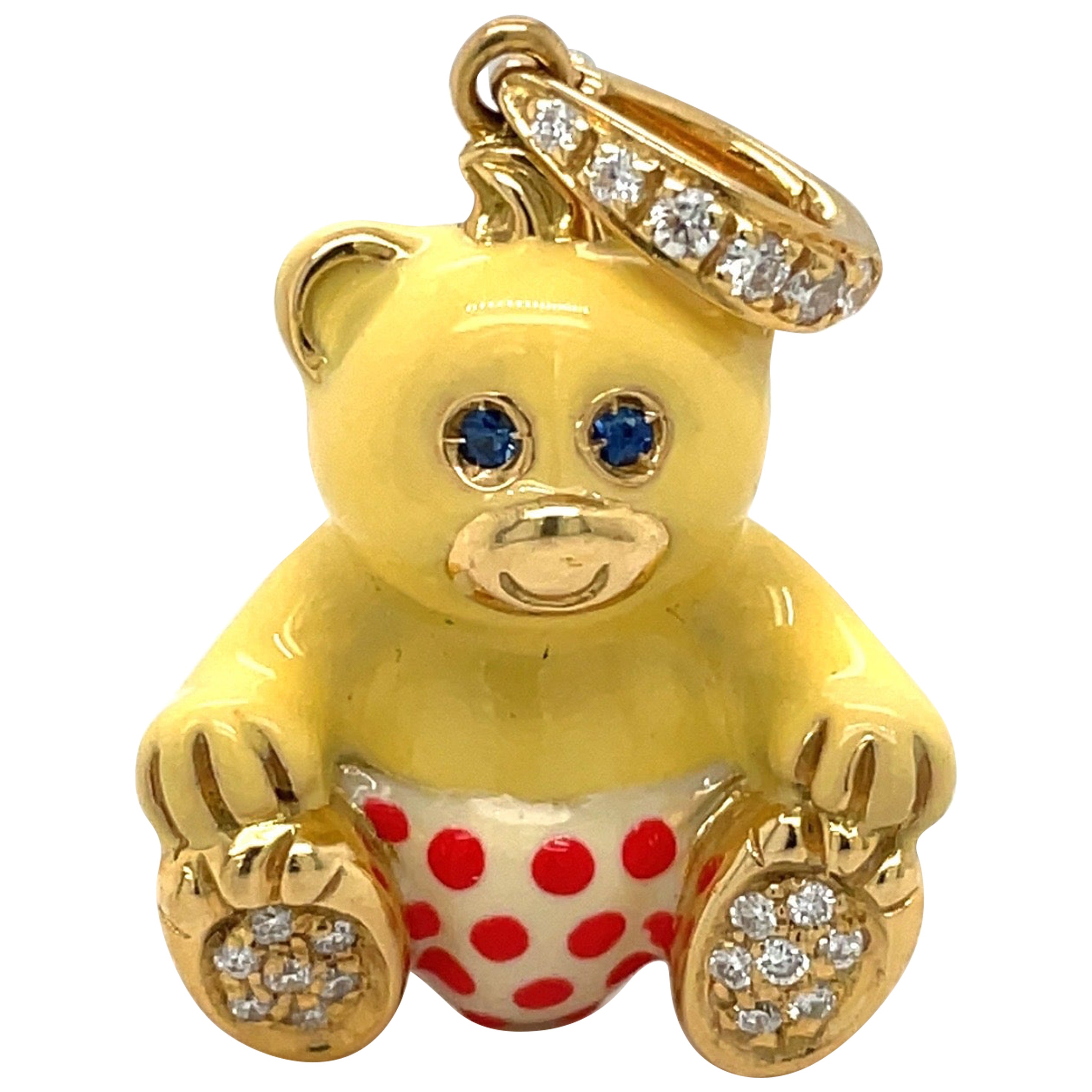 Cellini Exclusive 18Kt Yellow Gold .16Ct Diamond Enamel Boy Teddy Bear Charm