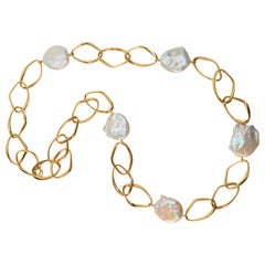 Collar italiano de oro amarillo de 18 quilates con cadena de eslabones grande y perlas acuñadas