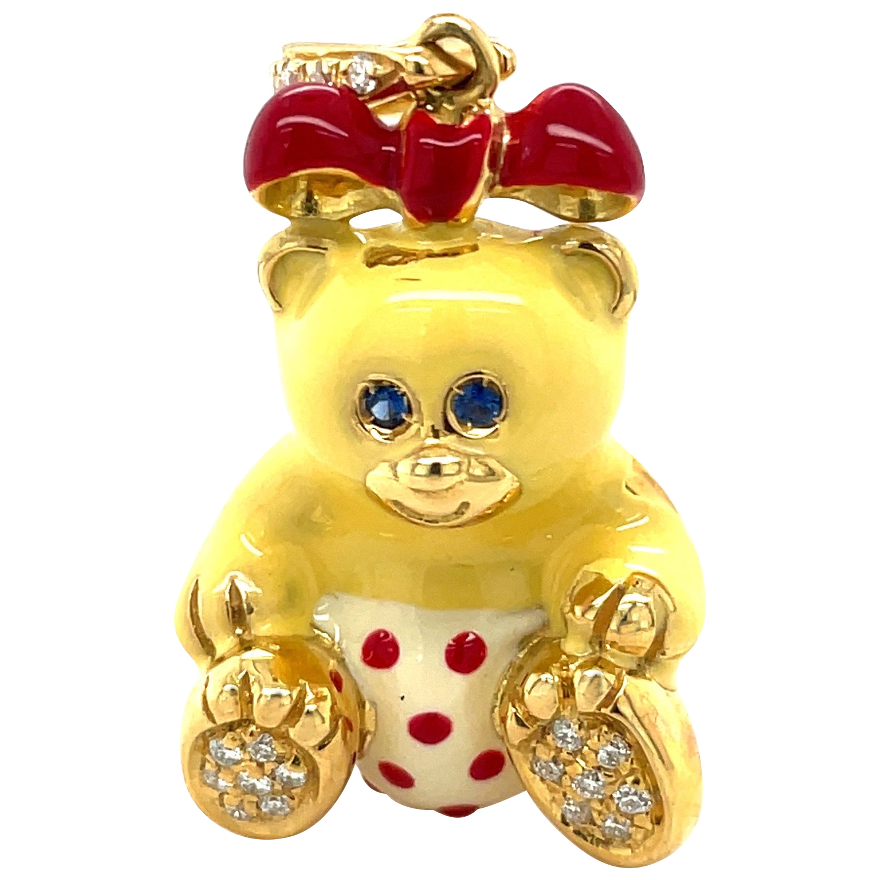 Cellini Exclusive 18KT Yellow Gold 0.16Ct. Diamond Enamel Girl Teddy Bear Charm For Sale