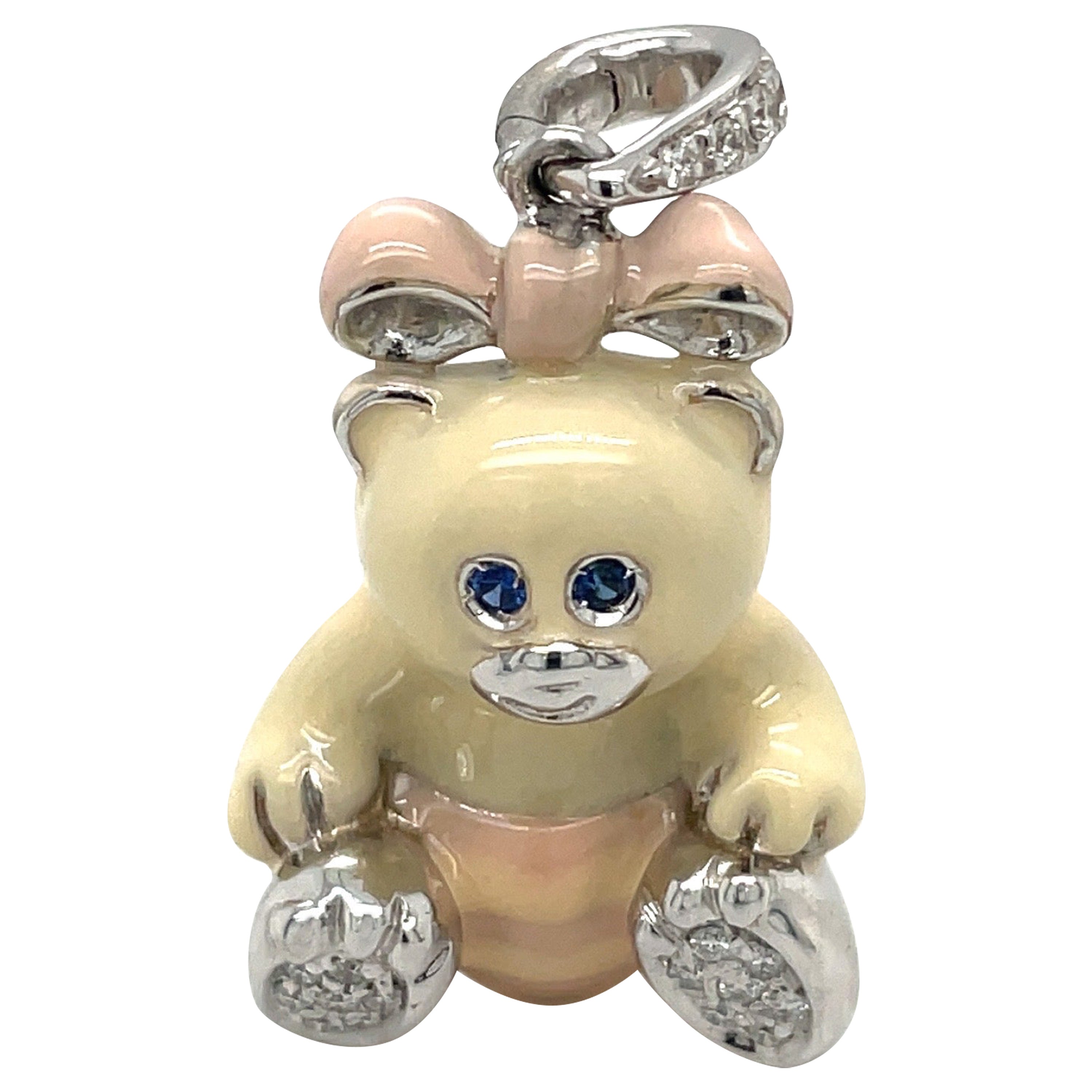 Cellini Exclusive 18KT White Gold 0.16Ct. Diamond Enamel Girl Teddy Bear Charm