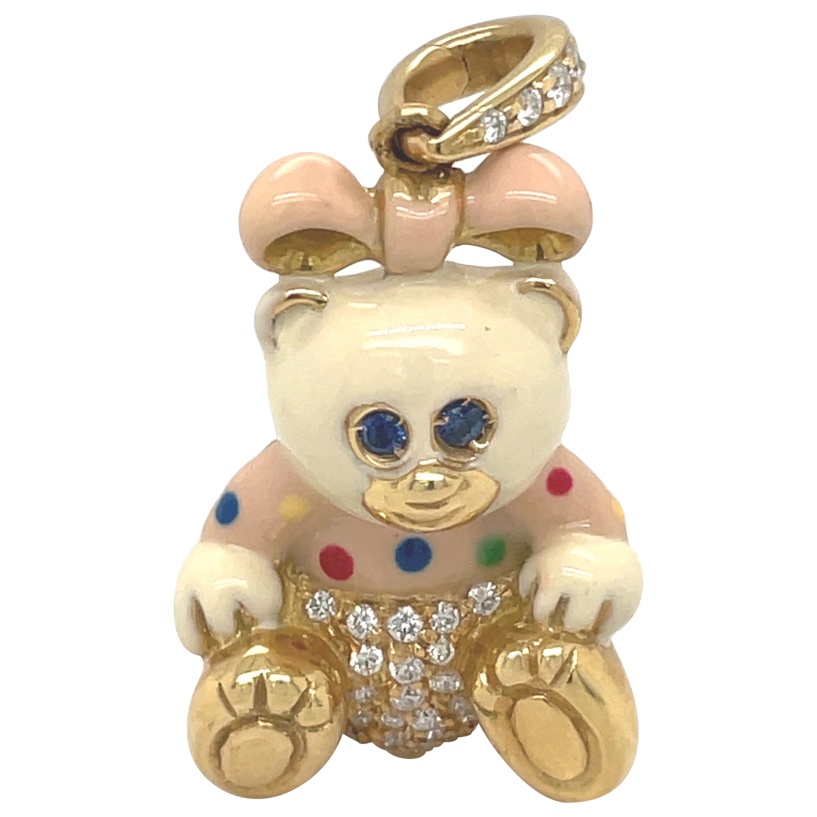 Cellini Exclusive 18KT Yellow Gold 0.30Ct. Diamond Enamel Girl Teddy Bear Charm For Sale