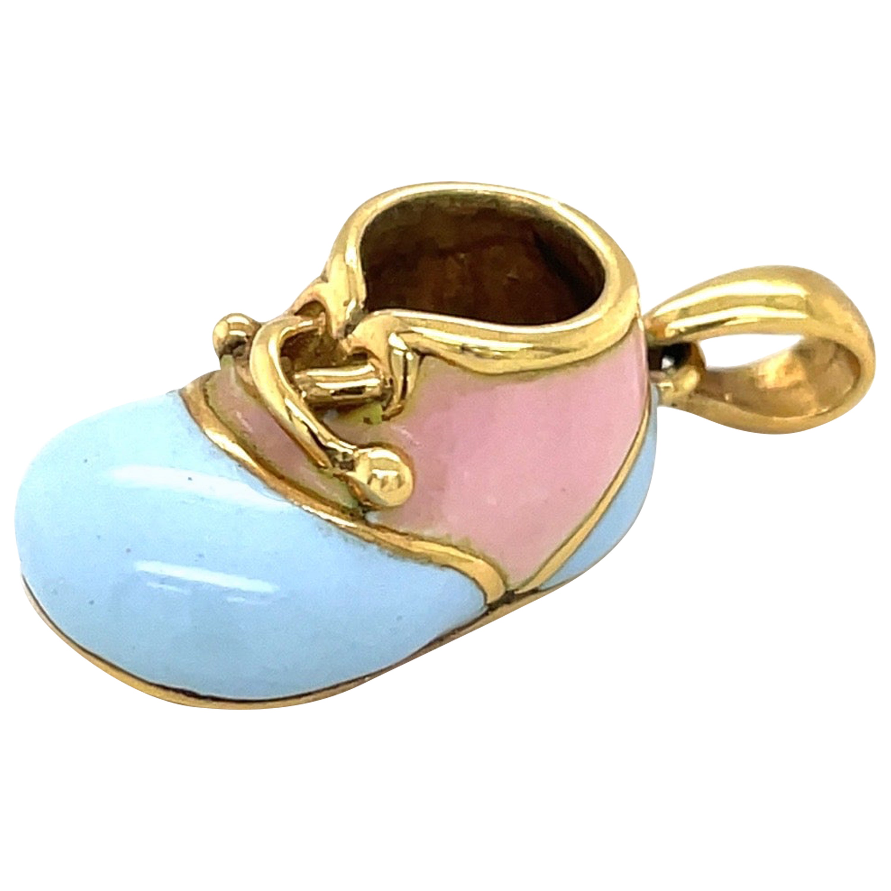 Cellini 18KT Baby Shoe with Pink and Light Blue Enamel For Sale