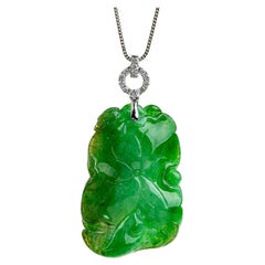 Lotus Leaf and Fish Jadeite Jade Pendant Green, Certified Untreated