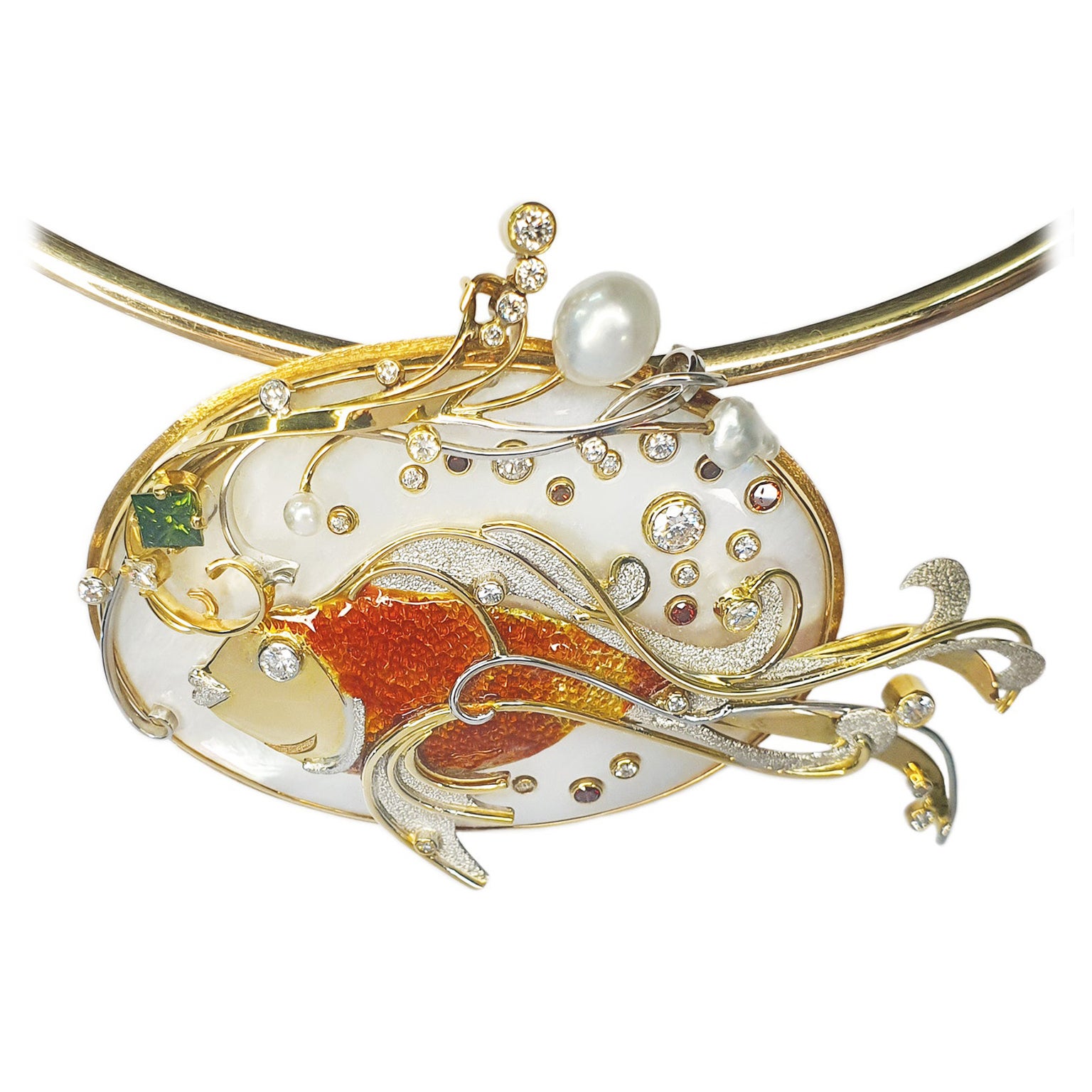 Paul Amey 18K Yellow and White Gold, Diamond and Pearl Fantail Goldfish Pendant For Sale