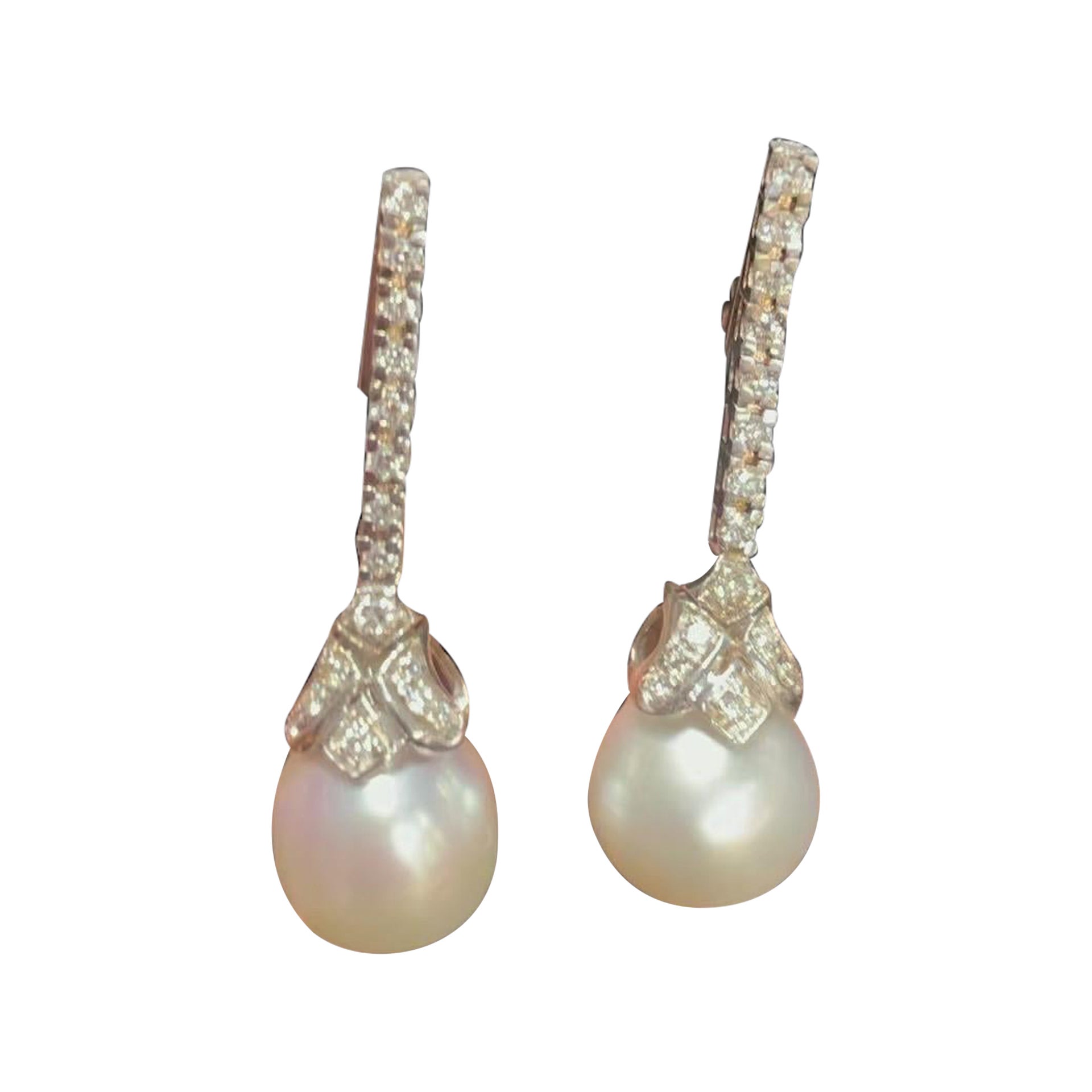 Diamond and Pearl Drop Earrings For Sale