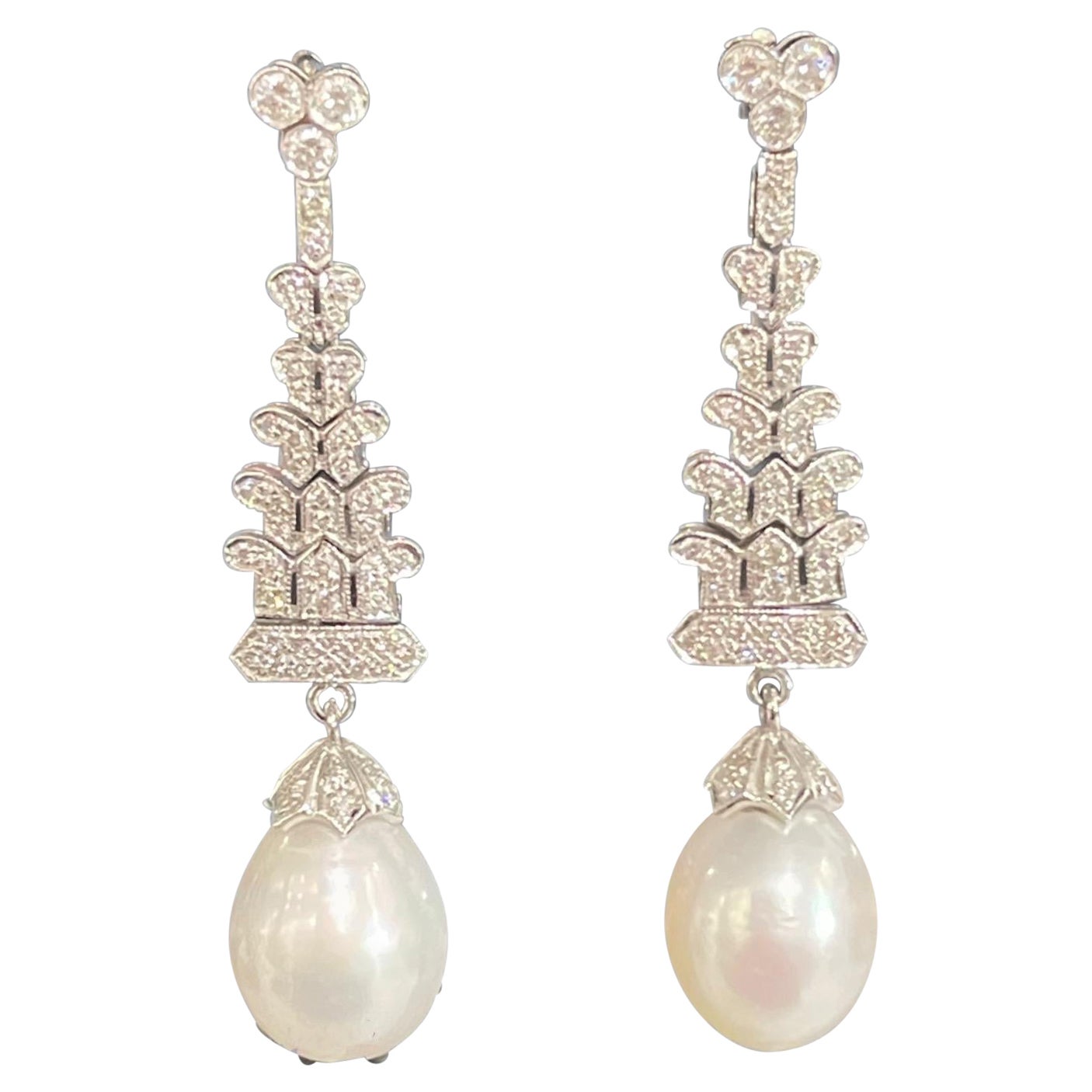 Diamond and Pearl Dangle Earrings For Sale