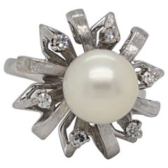 Cultured Pearl and Diamond Ring 14K White Gold