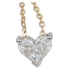 18K Gold Three Diamond Heart Shape Invisible Setting Pendant Necklace Chain