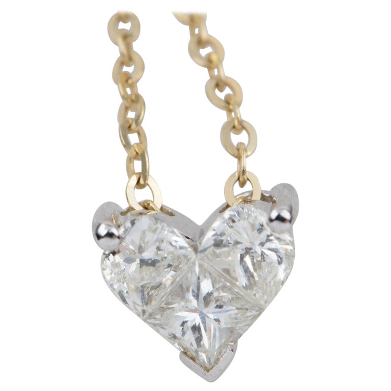 18K Gold Three Diamond Heart Shape Invisible Setting Pendant Necklace ...