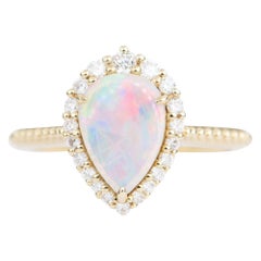 Solid Australian Opal with Diamond Halo 14K Yellow Gold Engagement Ring AD2086-2