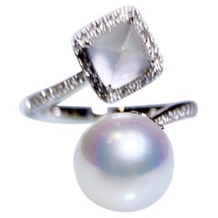 Type A Natural Jadeite Jade, South Sea Pearl and Diamond Ring in 18k White Gold