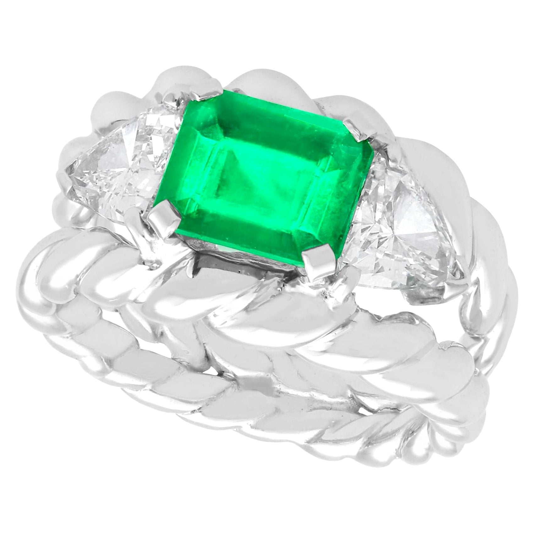 Vintage 1.64ct Emerald Cut Colombian Emerald and Diamond White Gold Ring For Sale