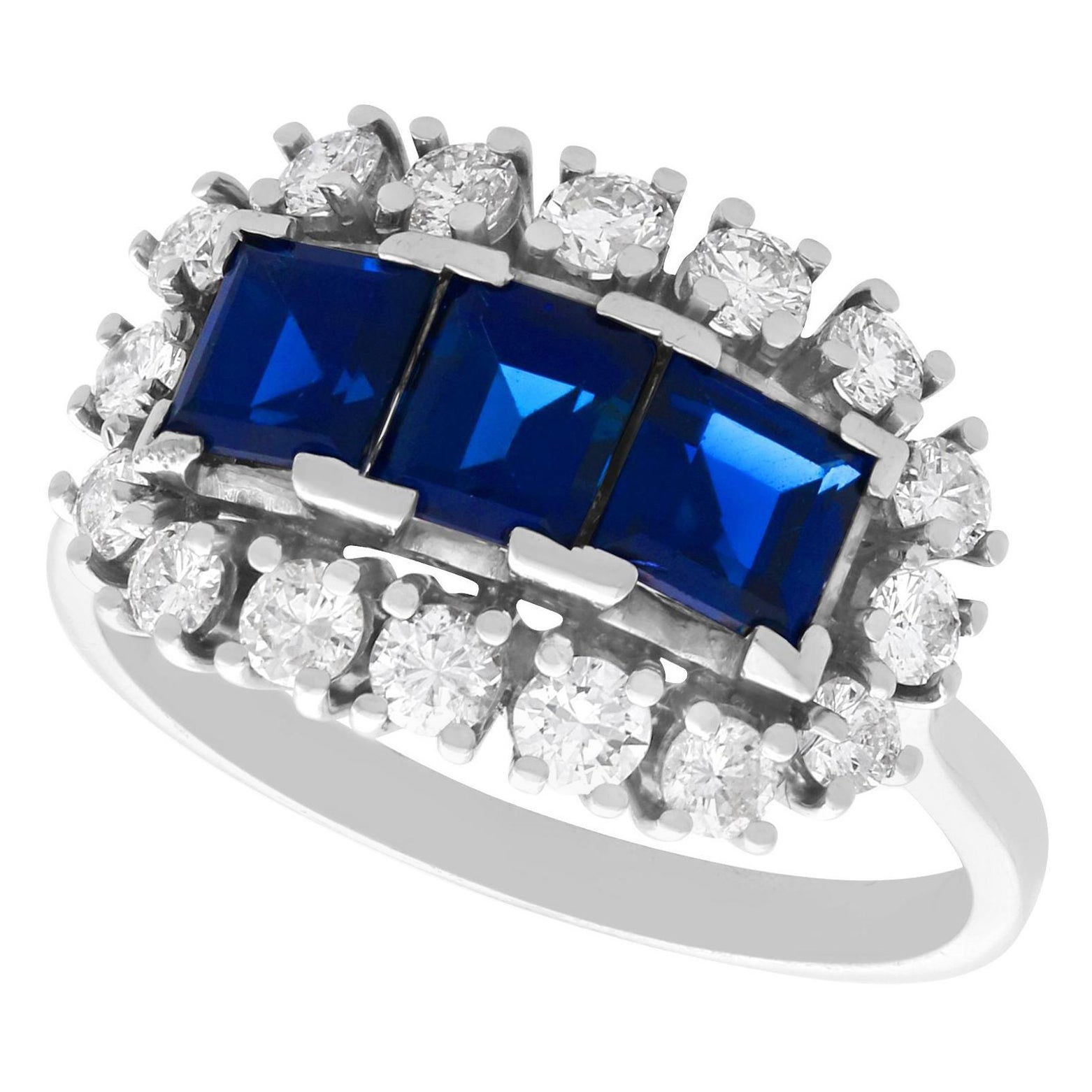 Vintage 1.55 Carat Sapphire and Diamond White Gold Dress Ring, circa 1970 For Sale