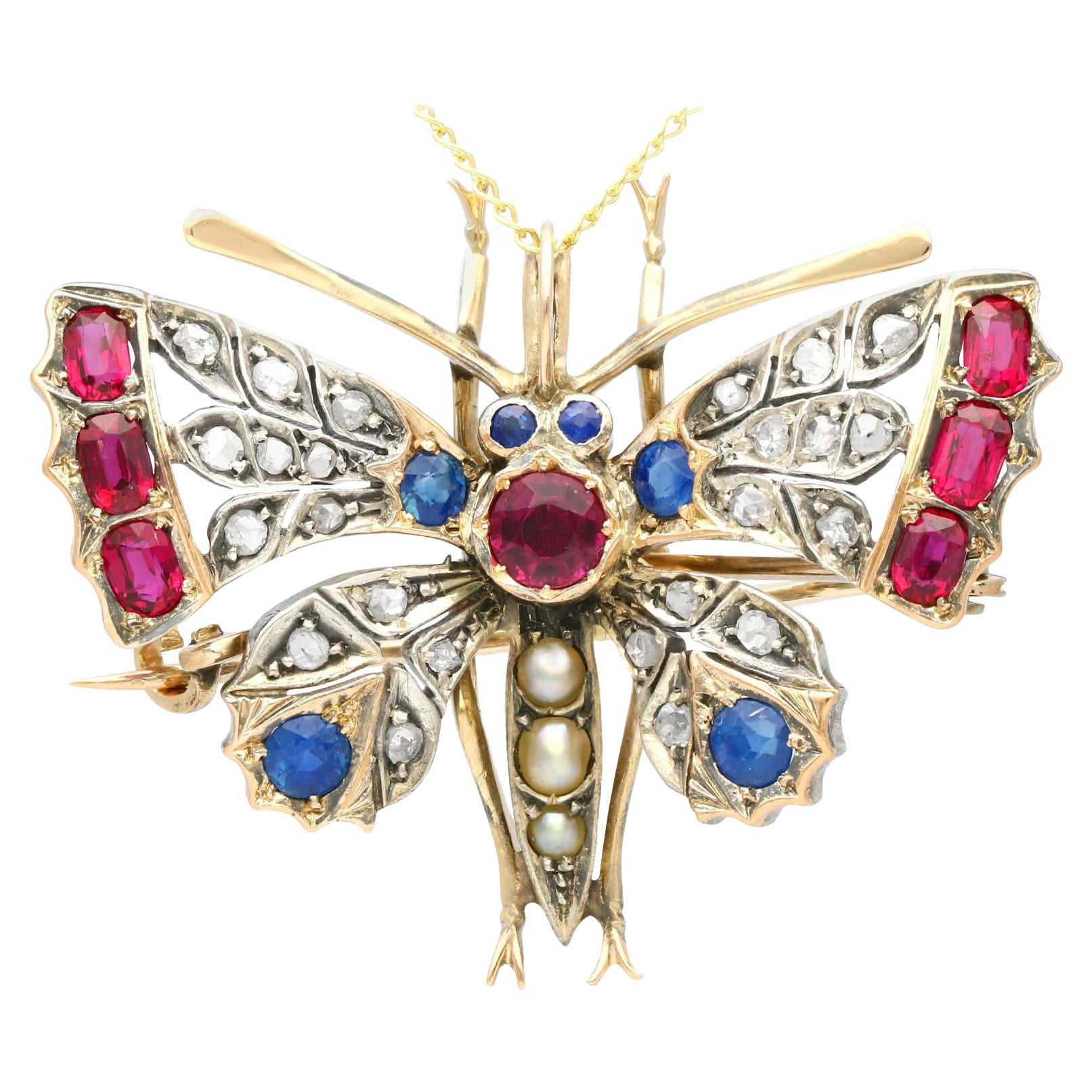 Antique Pearl Sapphire Ruby and Diamond Yellow Gold Butterfly Pendant / Brooch