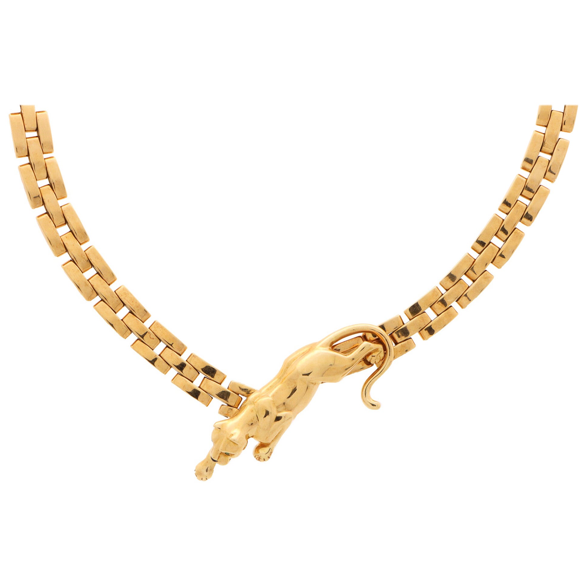 Vintage Cartier Maillon Walking Panther Necklace with Emeralds in 18k Gold  at 1stDibs