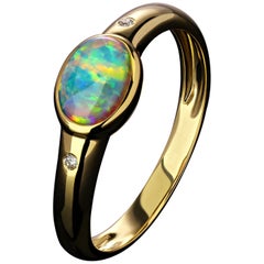 Opal Diamond Yellow Gold Ring Australian Gemstone Rainbow Clouds Opal Unisex