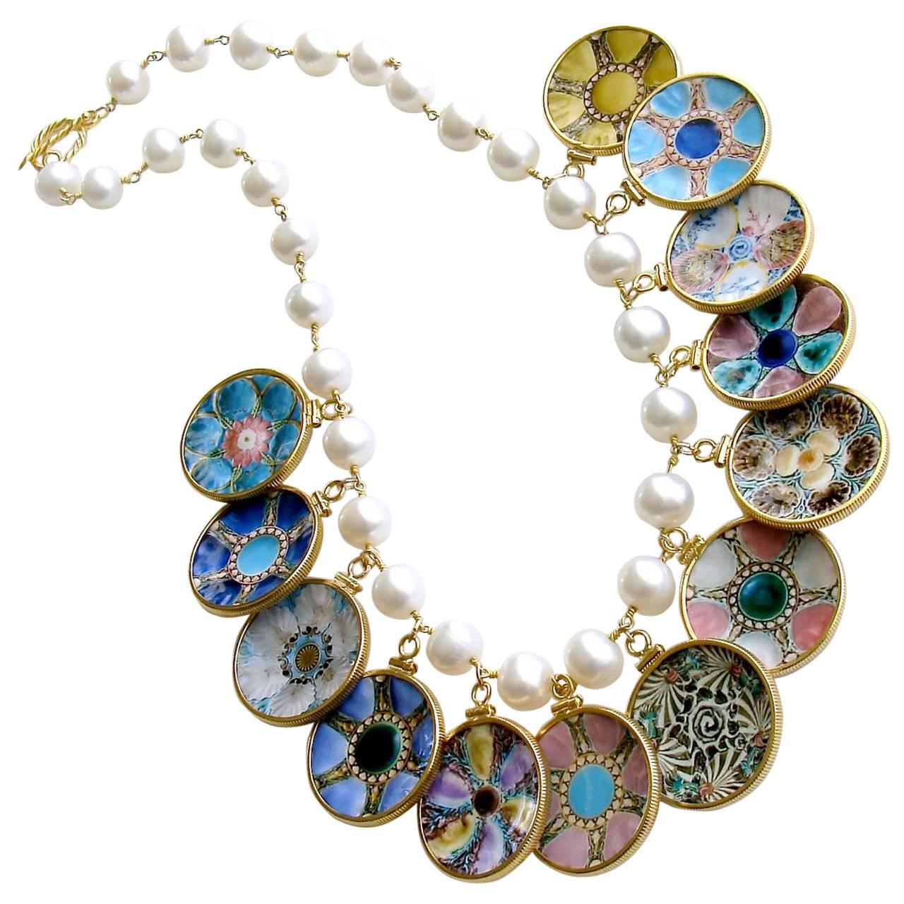 Baroque Pearl Miniature Majolica Oyster Plates Charm Necklace