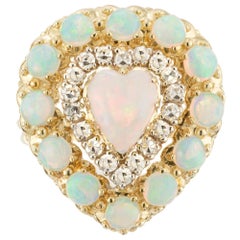 Vintage Opal Diamond Halo Yellow Gold Cluster Cocktail Ring