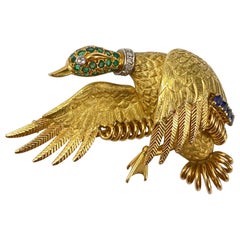 Hermès Georges Lenfant Vintage Duck Emerald Sapphire Diamond Brooch Yellow Gold