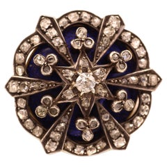 Antique Blue Enamel Rose Cut Diamond Brooch