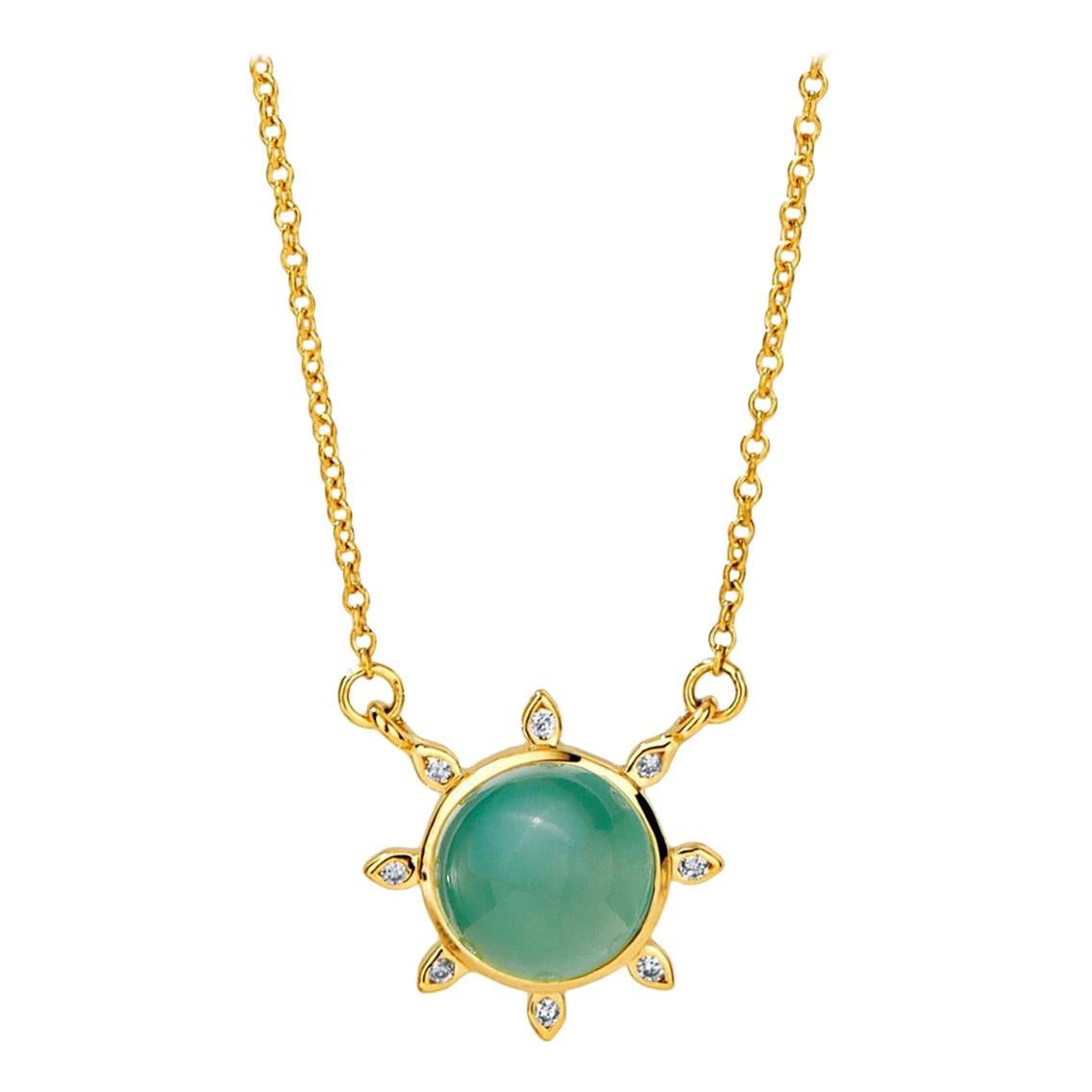 Syna Yellow Gold Light Green Chalcedony Necklace with Diamonds