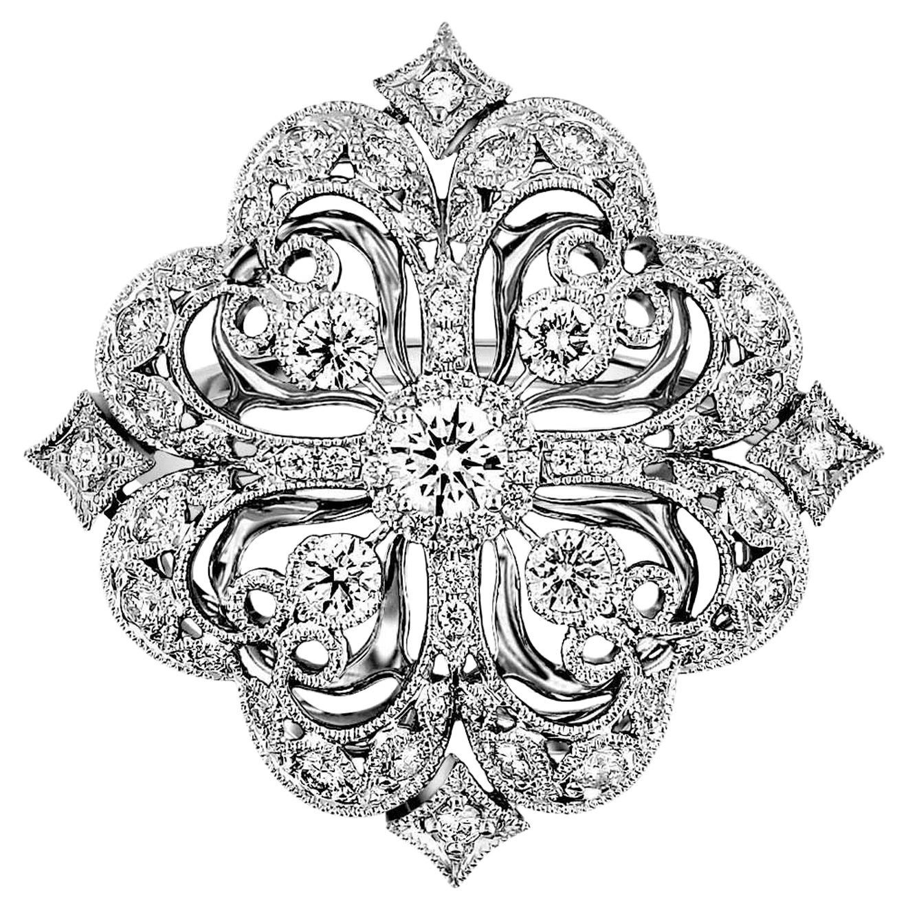 Italian Designer 18 Karat White Gold Flower Motif Diamond Ring For Sale