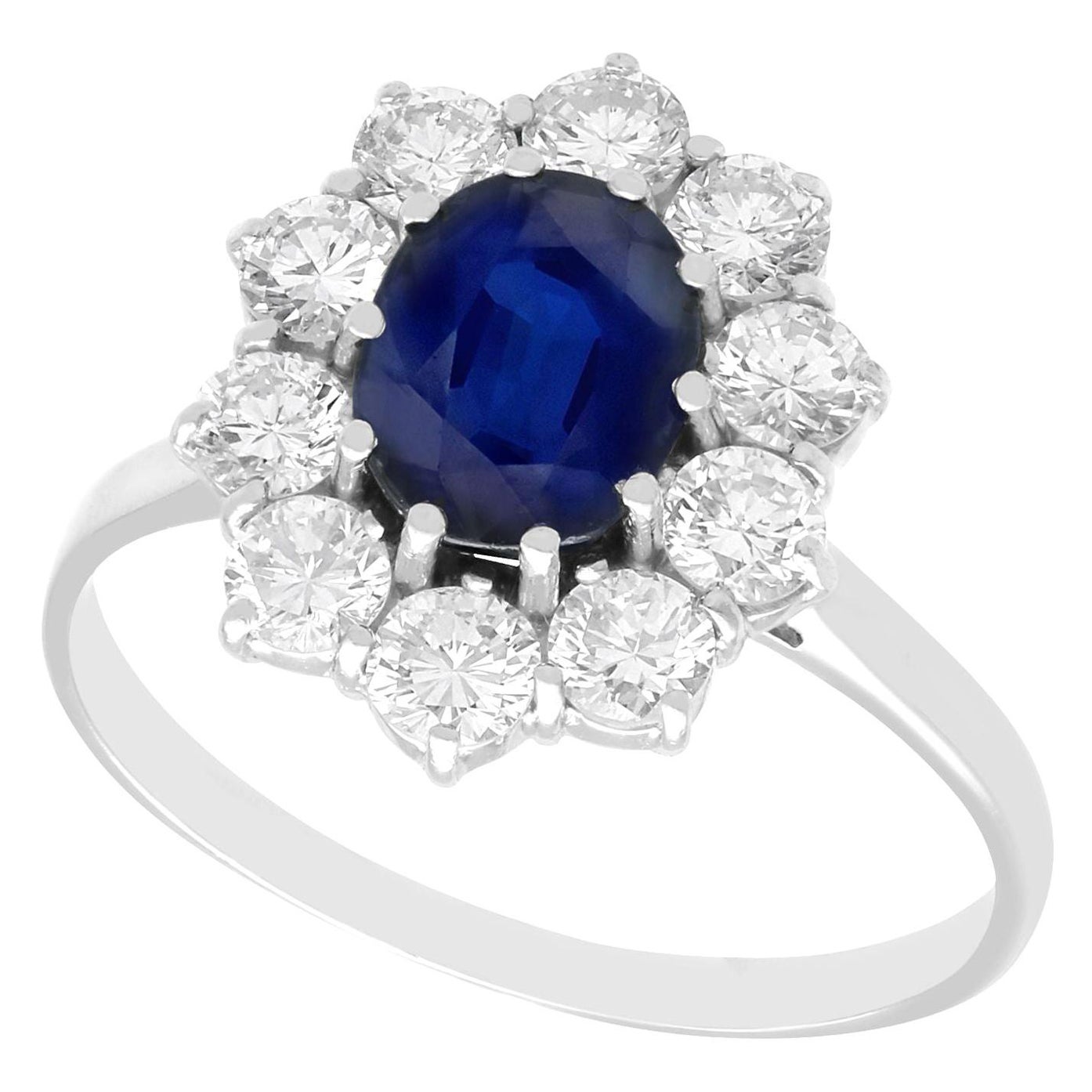 Vintage 2.87 Carat Sapphire and 1.4 Carat Diamond White Gold Cluster Ring For Sale