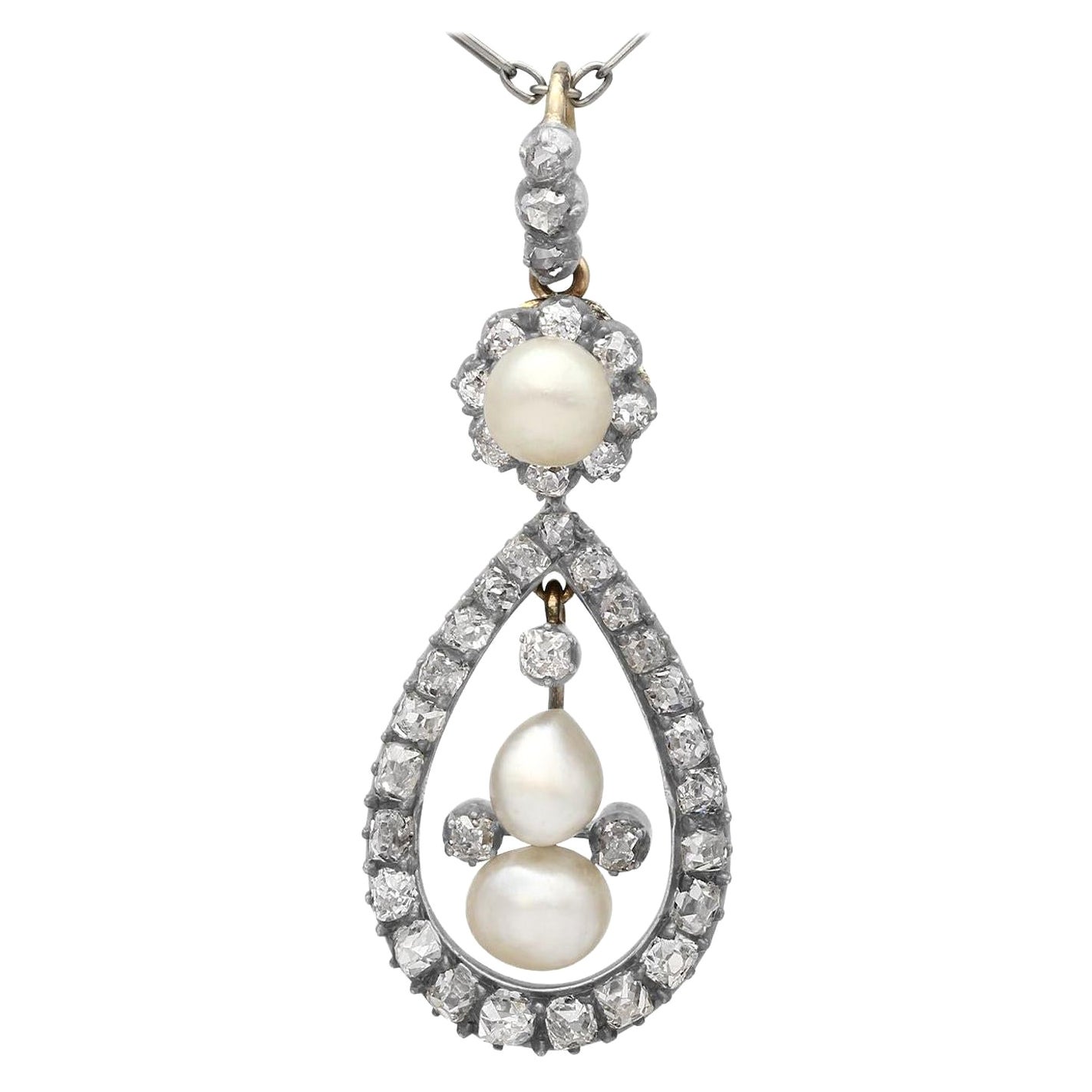 Antique Natural Pearl 1.42 Carat Diamond Yellow Gold Pendant, circa 1880