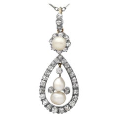 Antique Natural Pearl 1.42 Carat Diamond Yellow Gold Pendant, circa 1880