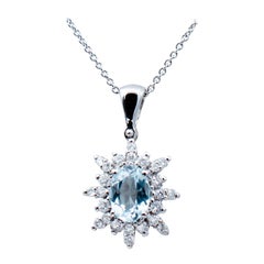 Aquamarine Oval Shape, White Diamonds, 18 Karat White Gold Pendant Necklace