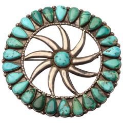 Huge Native American Turquoise Silver Pinwheel Brooch