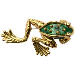 Boris Le Beau Enamel Ruby Gold Frog Brooch