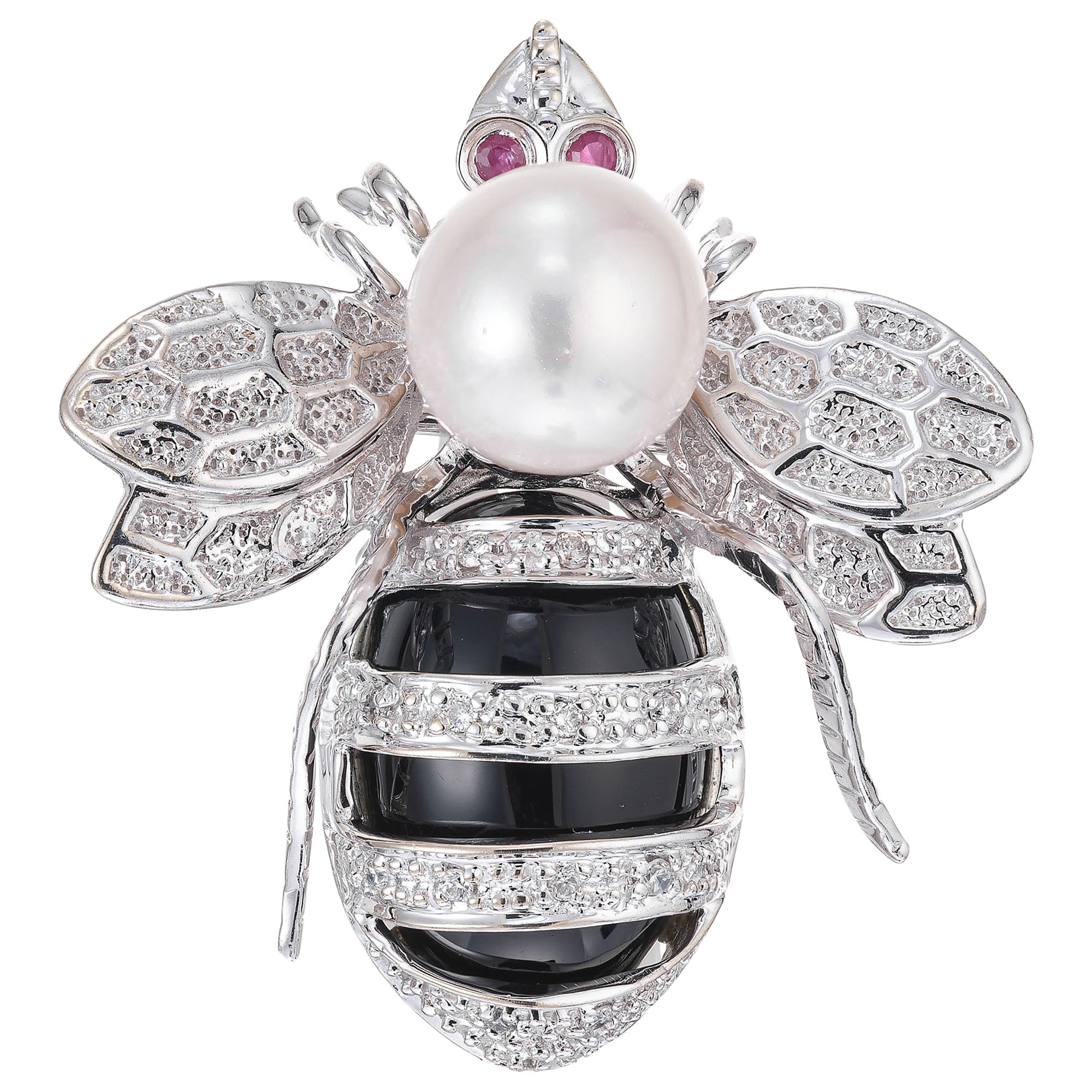 .8 Carat Diamond Ruby Pearl White Gold Bee Brooch 