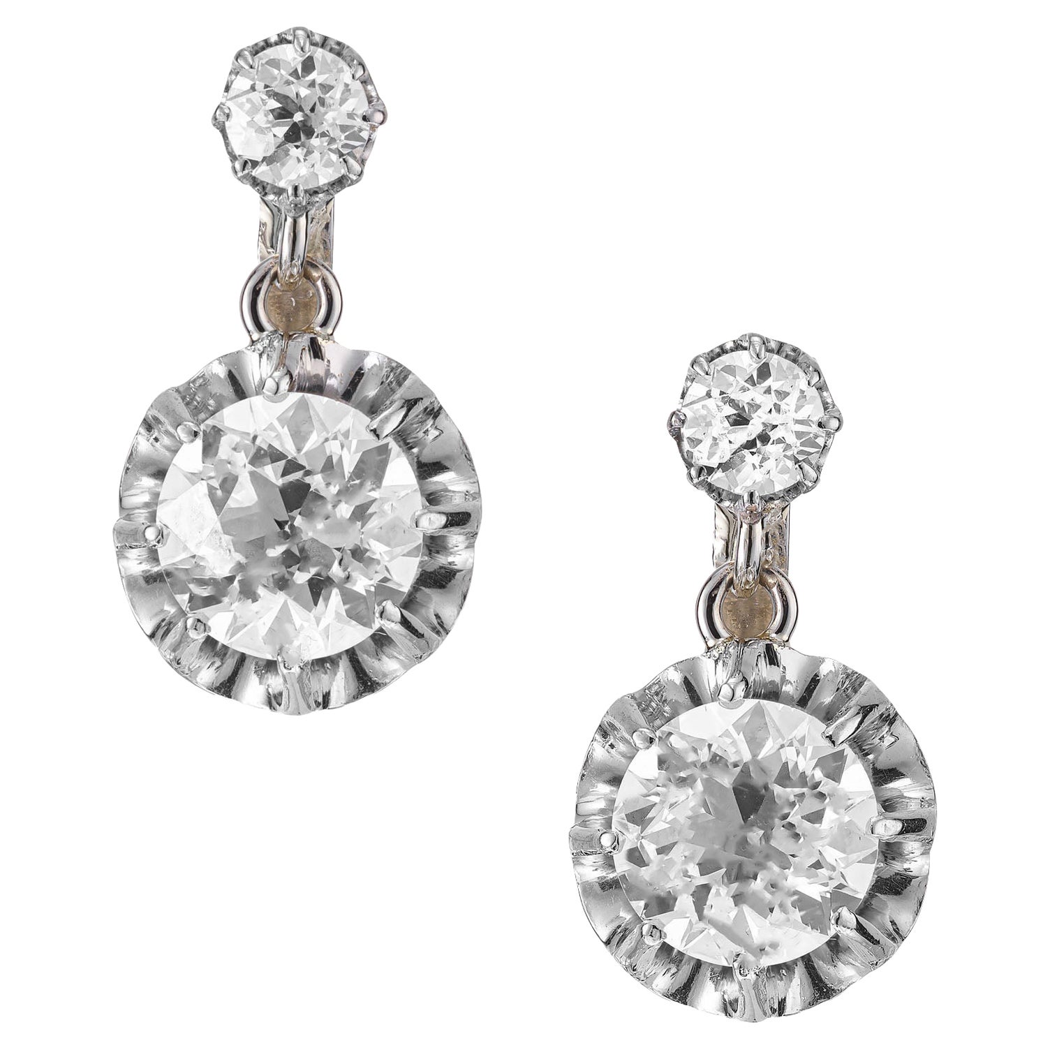 GIA Certified 2.63 Carat Diamonds Yellow Gold Platinum Dangle Earrings  For Sale