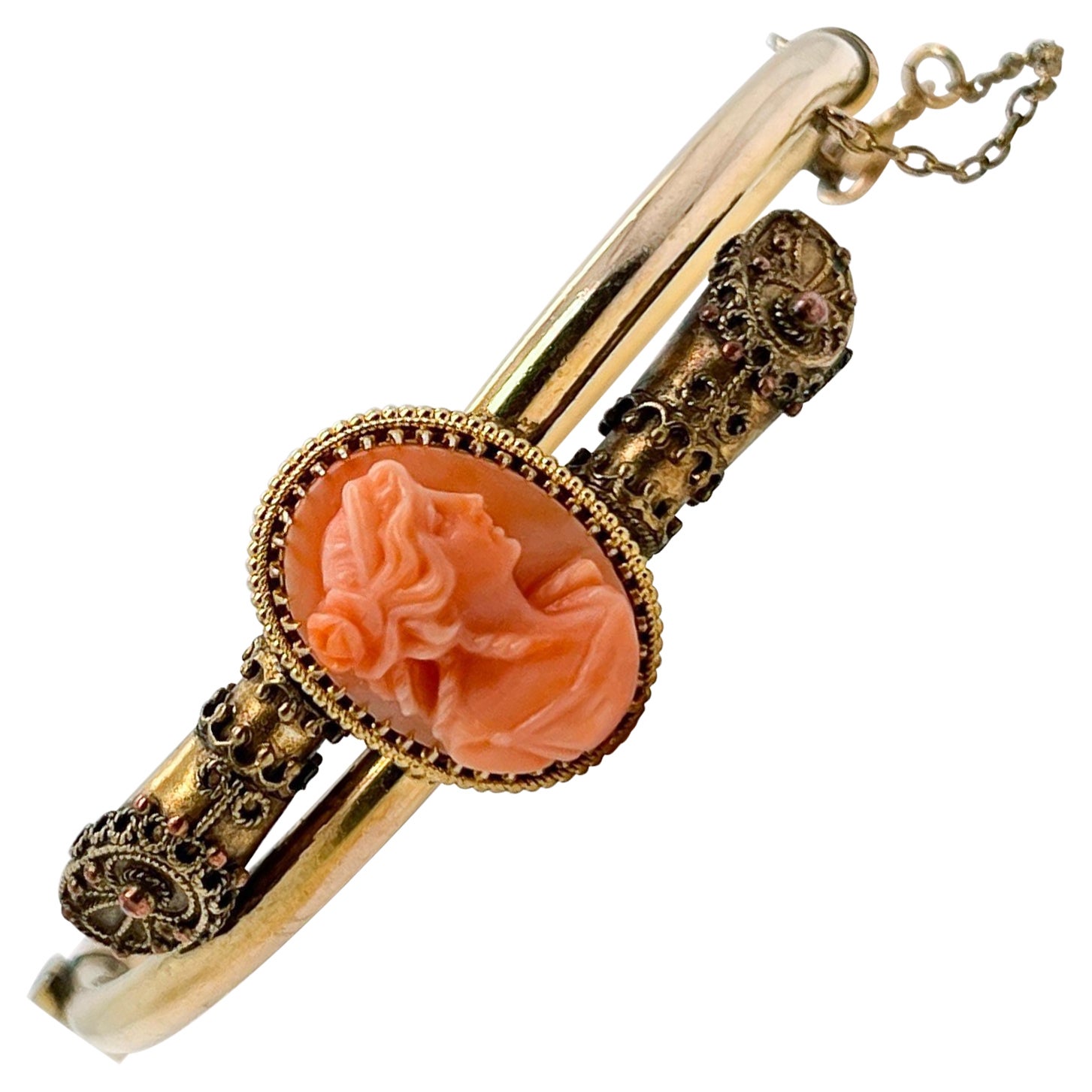Etruscan Revival Style Gold Filled Bangle Bracelet with a Carved Coral Cameo For Sale