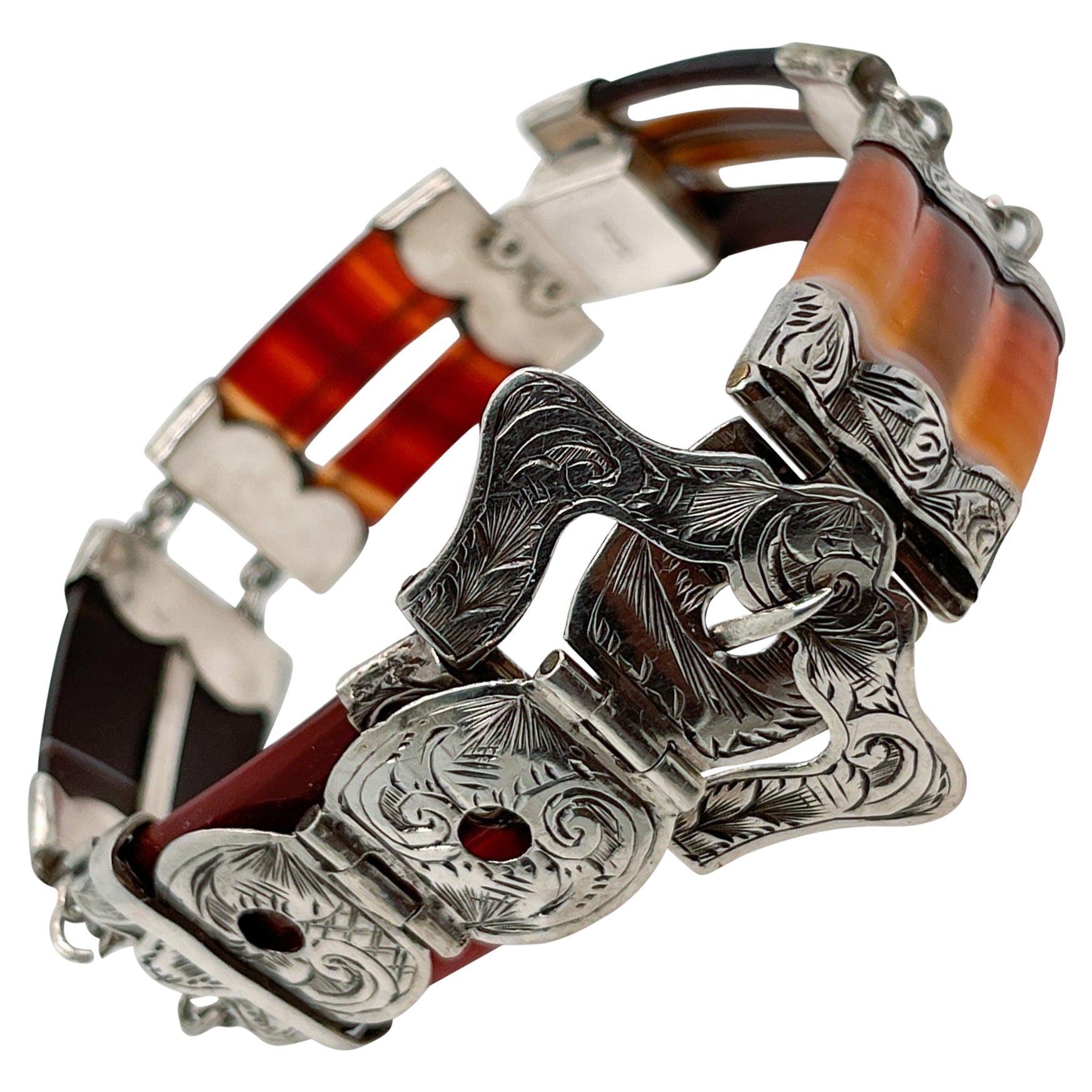 Vintage Victorian Style Scottish Agate & Sterling Silver Link Buckle Bracelet