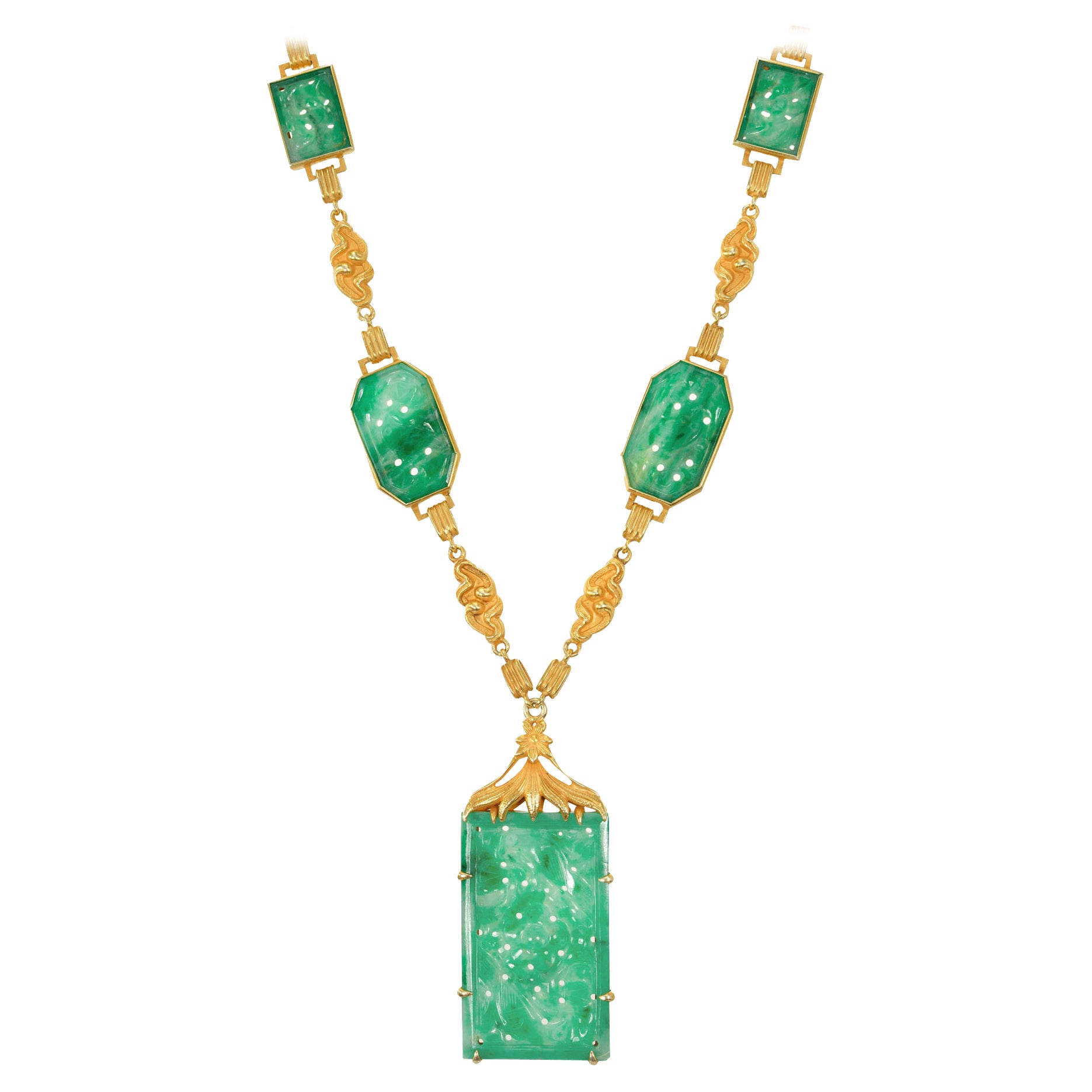 GIA Certified Jadeite Jade Yellow Gold Art Nouveau Tablet Necklace  For Sale