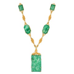 GIA Certified Jadeite Jade Yellow Gold Art Nouveau Tablet Necklace 