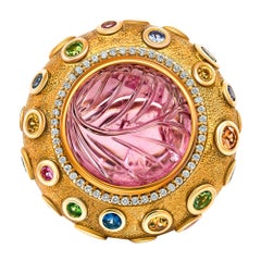 Carving Spinel Ring, 18k Yellow Gold Multi Color Gems Carving Spinel Ring