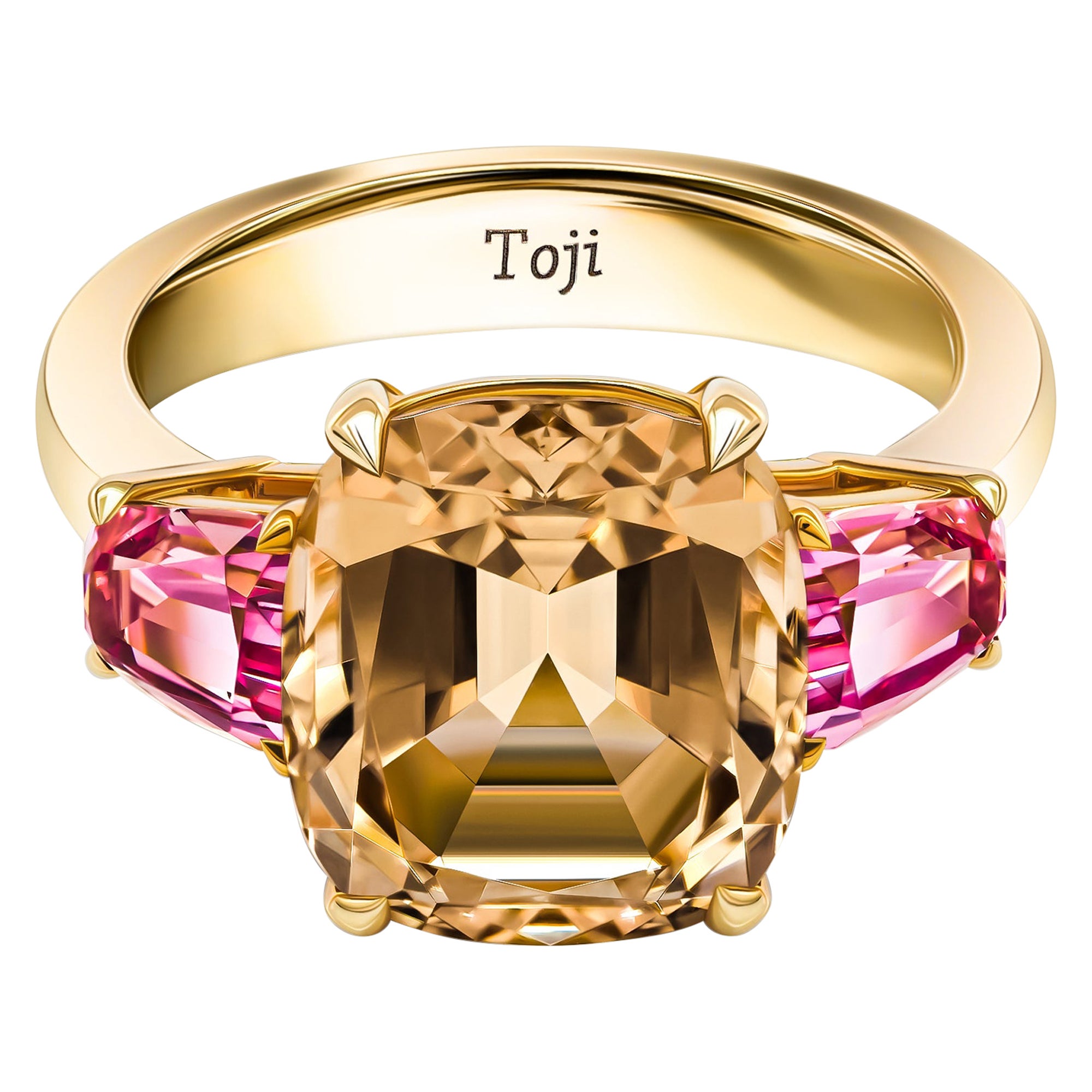 Gold Tourmaline & Pink Spinels Ring, 18k Yellow Gold Spinels & Tourmaline Ring