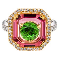 Russian Demantoid & Pink Spinel Ring, 18k White Gold Diamonds Ring