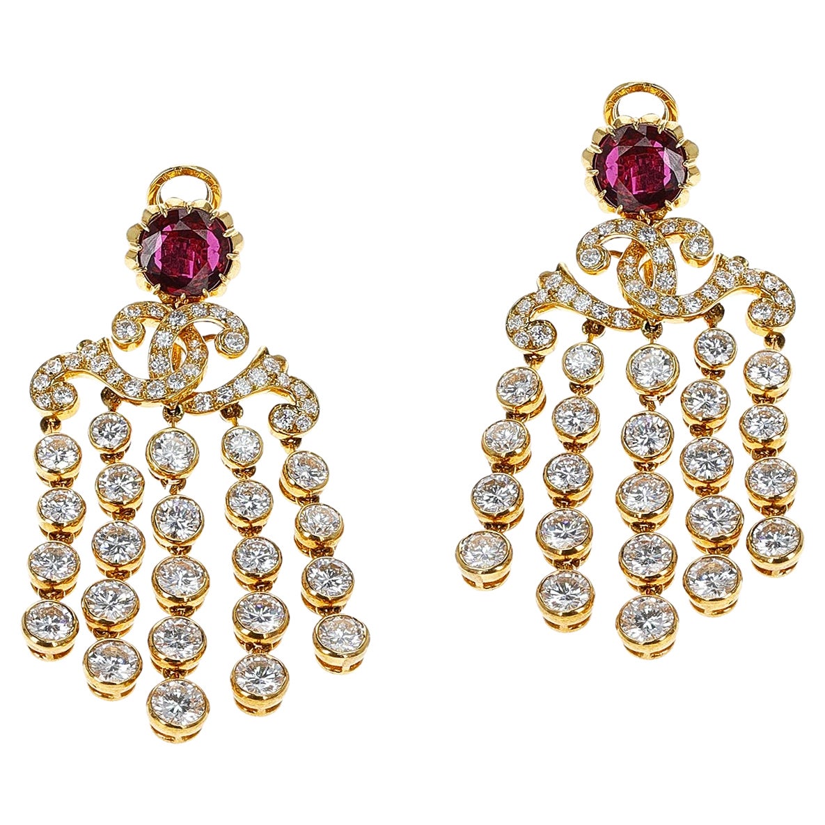 French Alexandre Reza Ruby and Diamond Cocktail Dangling Earrings, 18K Gold For Sale