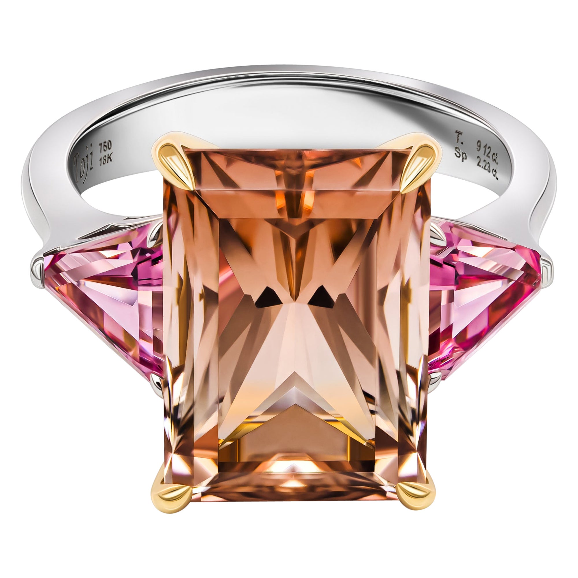 Cognac Tourmaline & Pink Spinels Ring, 18k White Gold Tourmaline & Spinels For Sale