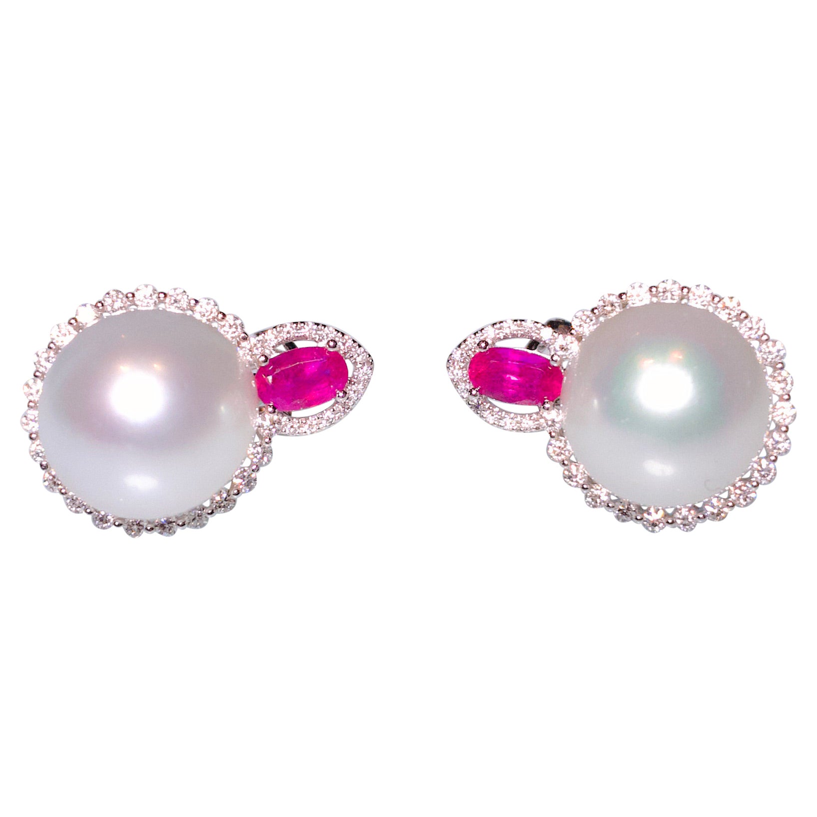 White South Sea Pearl, Ruby and Diamond Earring in 18k White Gold