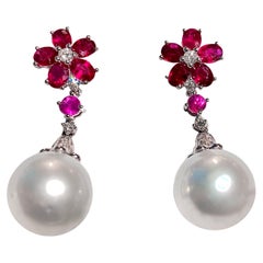 1.82 Ct Ruby, White South Sea Pearl and Diamond Earring in 18k White Gold